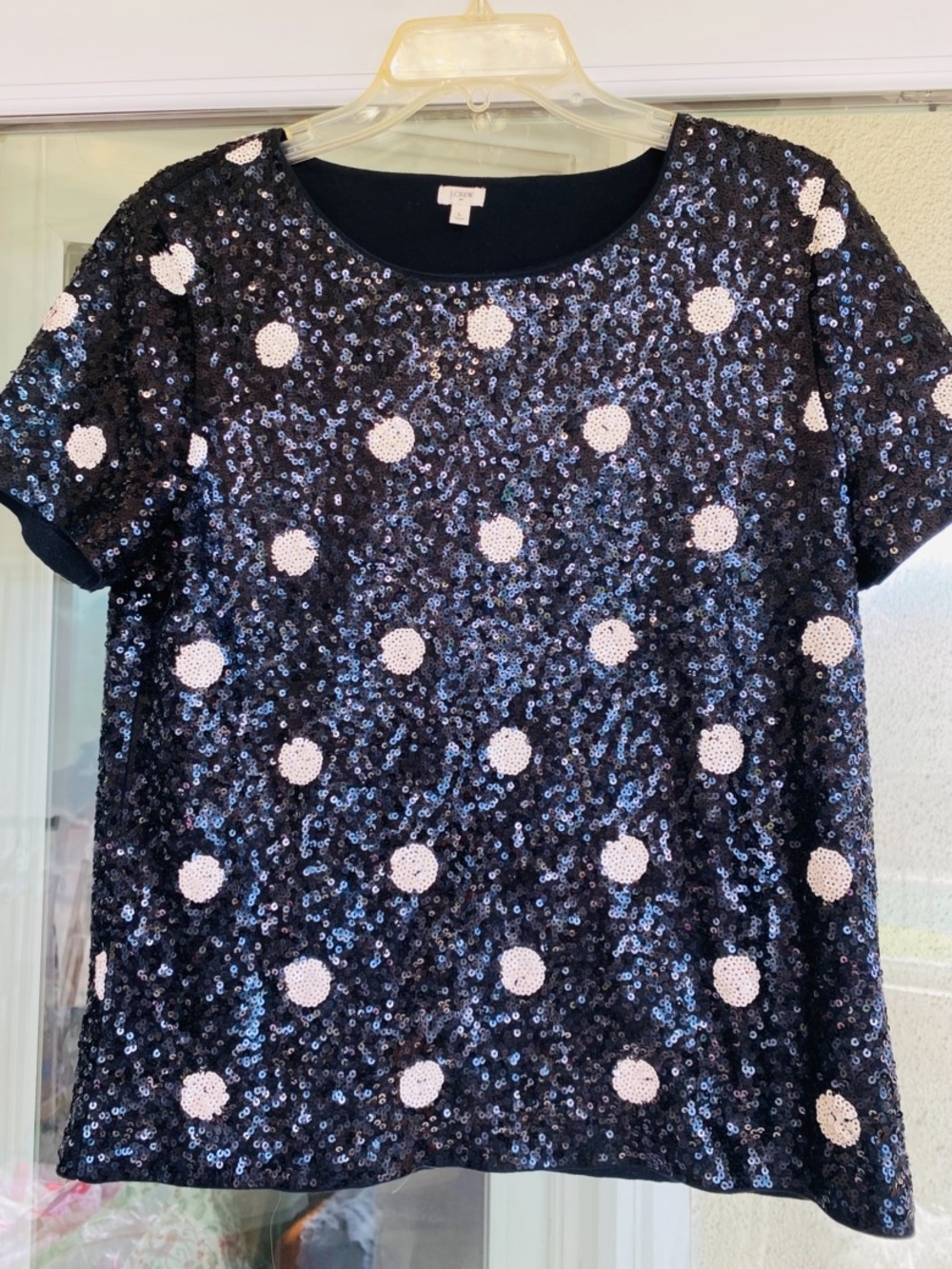 J. Crew Black Sequin Polka Dot Short Sleeve Top Size Large Holiday Party Sparkle - Picture 7 of 13